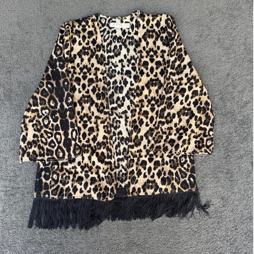Faded Glory Leopard Print Fringe Kimono Cardigan Brown Black Tan Womens‎ Medium